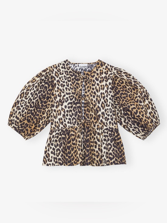 Ganni Tops - Ganni Leopard Print Puff Sleeve Peplum Blouse - Brown, Black, Cream - cotton